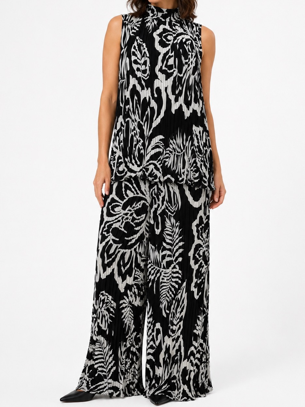 Adrianna Papell Black White Floral Pleated 2 Piece Pant Set Size L